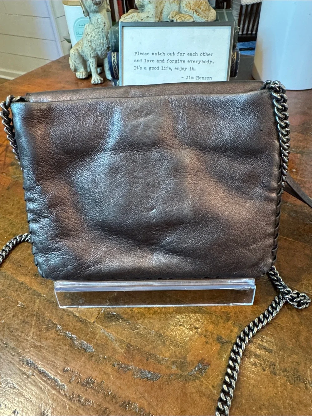 AllSaints Bronze Leather Crossbody Bag with Gunmetal Chain